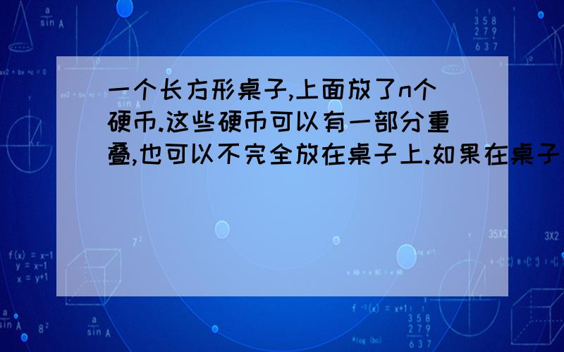 一个长方形桌子,上面放了n个硬币.这些硬币可以有一部分重叠,也可以不完全放在桌子上.如果在桌子上再放一个硬币,则它一定与其他的硬币有重叠的部分.证明:用4n个硬币可以覆盖桌子