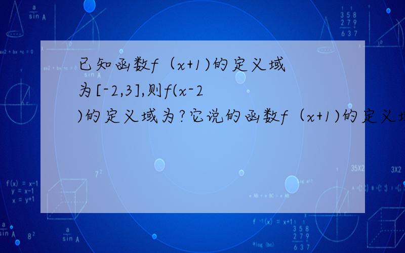 已知函数f（x+1)的定义域为[-2,3],则f(x-2)的定义域为?它说的函数f（x+1)的定义域为[-2,3],到底这个函数中x是自变量,还是 x+1 是自变量,如果是x是自变量,那为什么 x+1 不是自变量也就是说f（x）括