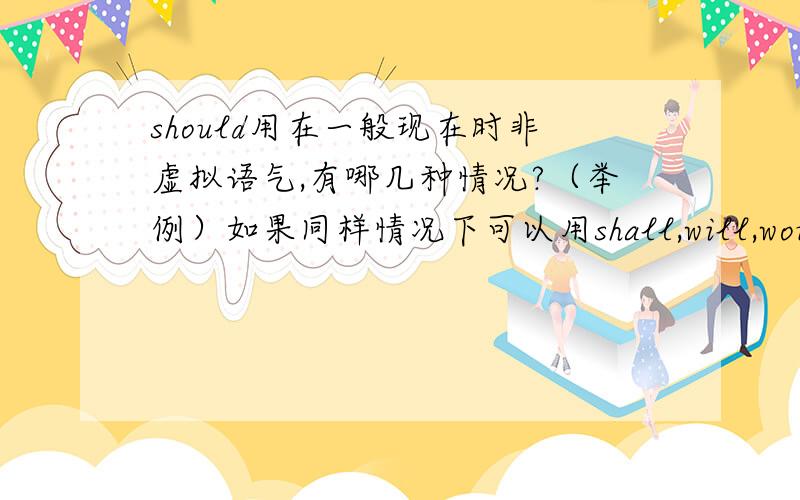 should用在一般现在时非虚拟语气,有哪几种情况?（举例）如果同样情况下可以用shall,will,would说说区别