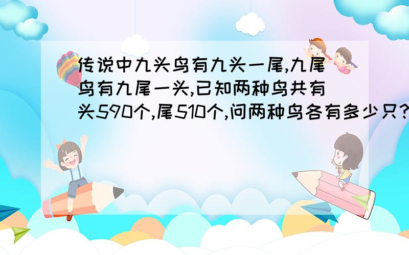 传说中九头鸟有九头一尾,九尾鸟有九尾一头,已知两种鸟共有头590个,尾510个,问两种鸟各有多少只?