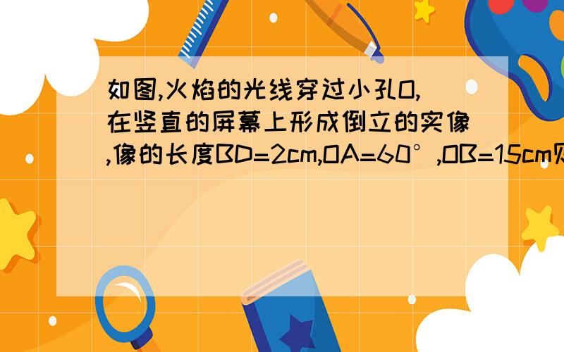 如图,火焰的光线穿过小孔O,在竖直的屏幕上形成倒立的实像,像的长度BD=2cm,OA=60°,OB=15cm则火焰的高度是多少?