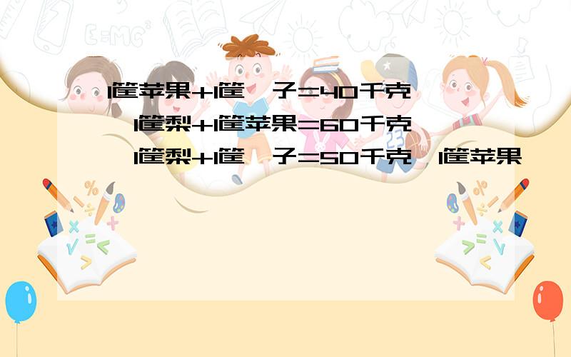 1筐苹果+1筐桔子=40千克,1筐梨+1筐苹果=60千克,1筐梨+1筐桔子=50千克,1筐苹果、桔子、梨各多少千克?