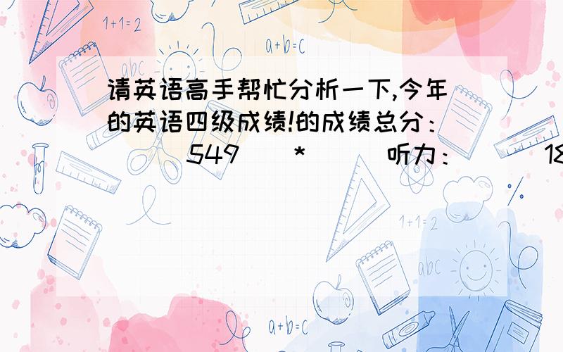 请英语高手帮忙分析一下,今年的英语四级成绩!的成绩总分：      549    *      听力：      189    *      阅读：      205    *      综合：      59    *      写作：      96 下学期打算考六级,应该怎么自学（