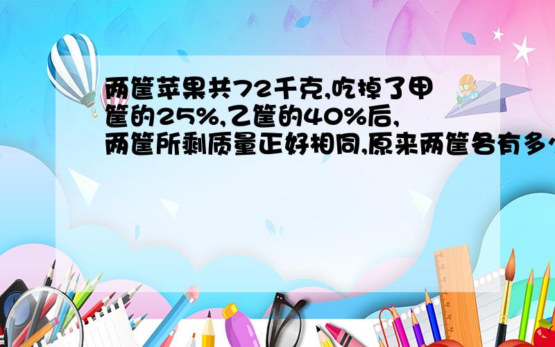 两筐苹果共72千克,吃掉了甲筐的25%,乙筐的40%后,两筐所剩质量正好相同,原来两筐各有多少千克?