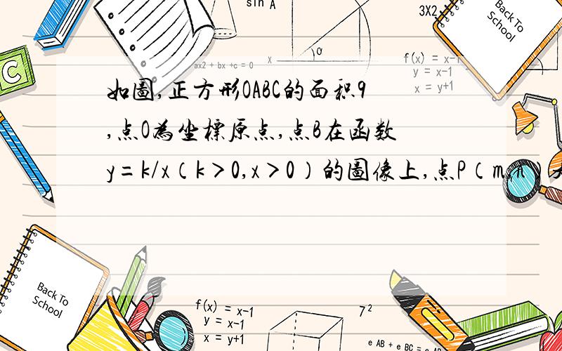 如图,正方形OABC的面积9,点O为坐标原点,点B在函数y=k/x（k＞0,x＞0）的图像上,点P（m,n）是函数y=k/x（k＞0,x＞0）的图像上任意一点,过点p分别作x轴、y轴的垂线,垂足分别为E,F,并设矩形OEPF和正方