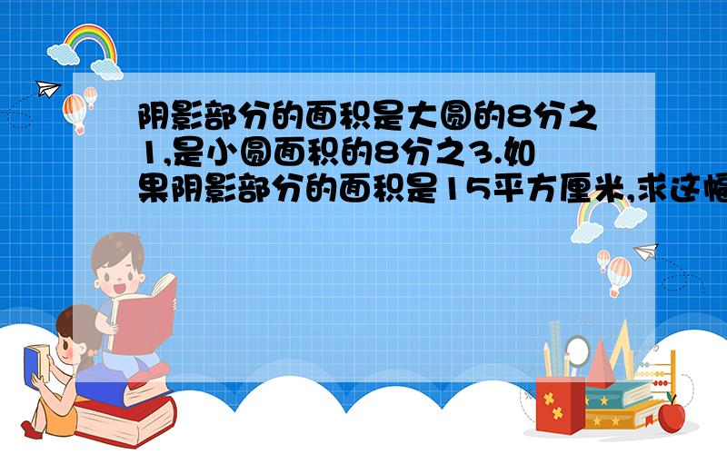 阴影部分的面积是大圆的8分之1,是小圆面积的8分之3.如果阴影部分的面积是15平方厘米,求这幅图的总面积