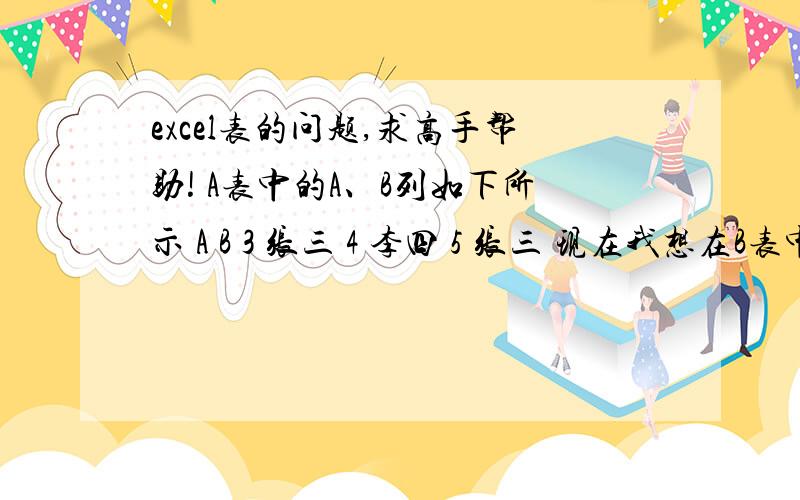 excel表的问题,求高手帮助! A表中的A、B列如下所示 A B 3 张三 4 李四 5 张三 现在我想在B表中的A列提取Aexcel表的问题,求高手帮助! A表中的A、B列如下所示 A B 3 张三 4 李四 5 张三 现在我想在B表