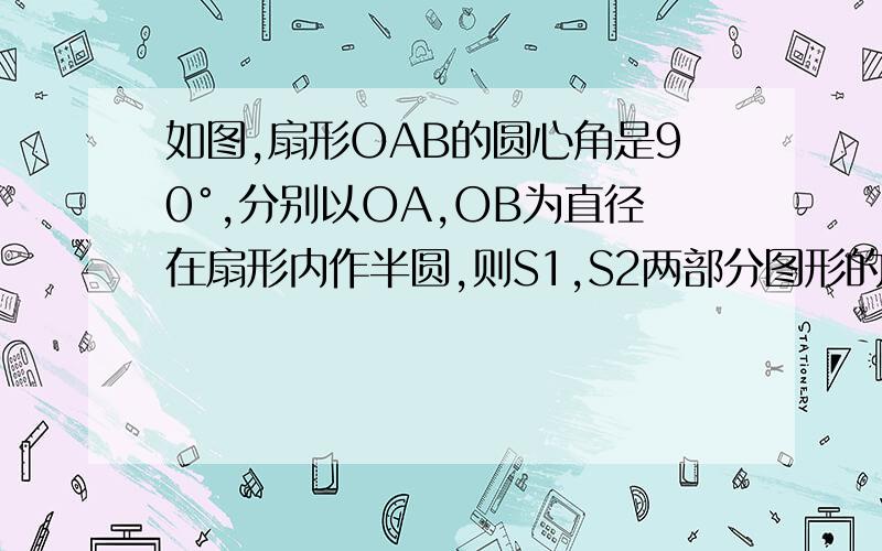 如图,扇形OAB的圆心角是90°,分别以OA,OB为直径在扇形内作半圆,则S1,S2两部分图形的面积大小关系是什么?