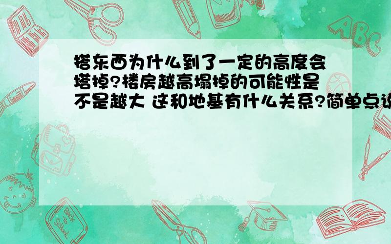 搭东西为什么到了一定的高度会塔掉?楼房越高塌掉的可能性是不是越大 这和地基有什么关系?简单点说就好