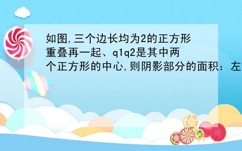 如图,三个边长均为2的正方形重叠再一起、q1q2是其中两个正方形的中心,则阴影部分的面积：左边是q1右边如图,三个边长均为2的正方形重叠再一起、q1q2是其中两个正方形的中心,则阴影部分的