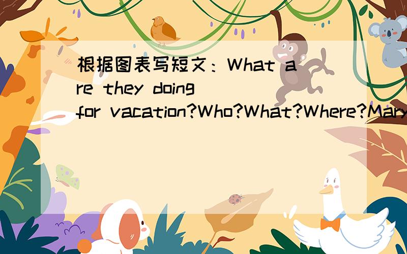 根据图表写短文：What are they doing for vacation?Who?What?Where?Mary Visit cousins Paris Tom Go fishing The lakeSimon and Bill Going bike riding In the countryJesse Take photos The park要根据初二学过的内容写