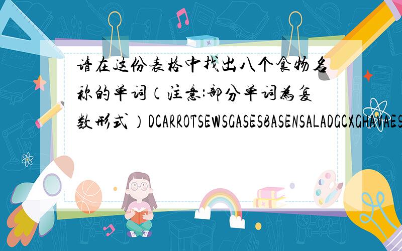 请在这份表格中找出八个食物名称的单词（注意:部分单词为复数形式）DCARROTSEWSGASESBASENSALADGCXGHAVAESUSHIQDTHGSNNNZHHCOYTAUASKAFDUBROCCOLIMTENRWRRTRLEMDIBHSAIITERAHMAMNUEKSUCHIPNVITOSRROPNHORAGTXOTBGIGSDEDFSETSERTELBWGSAN