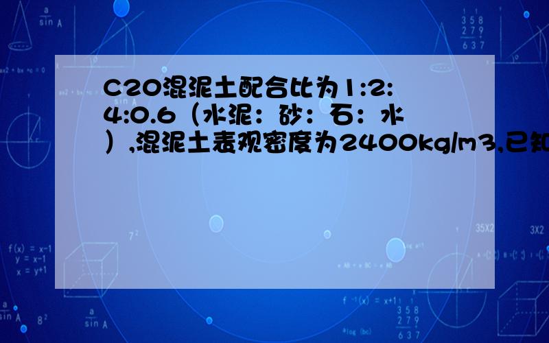 C20混泥土配合比为1:2:4:0.6（水泥：砂：石：水）,混泥土表观密度为2400kg/m3,已知砂石含水率分别为:8%,5%,一代水泥拌制混凝土加水量是多少kg?详细计算公式,