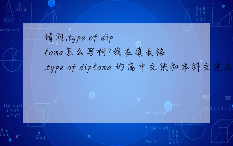 请问,type of diploma怎么写啊?我在填表格,type of diploma 的高中文凭和本科文凭应该怎么写啊?还有course of study 我应该填什么呢?