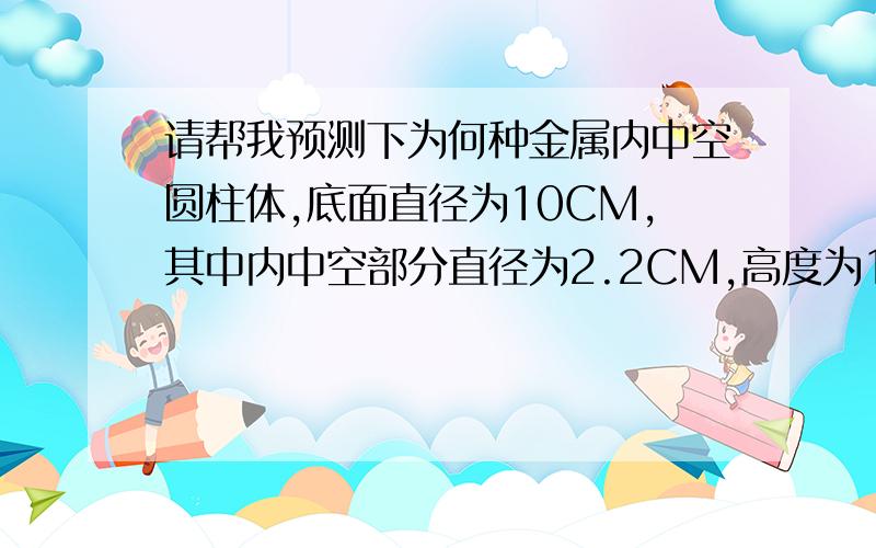 请帮我预测下为何种金属内中空圆柱体,底面直径为10CM,其中内中空部分直径为2.2CM,高度为17CM,重量为24KG,麻烦各位帮我计算下密度,并大概估计下为何种金属.颜色为类不锈钢色,无磁性,用榔头