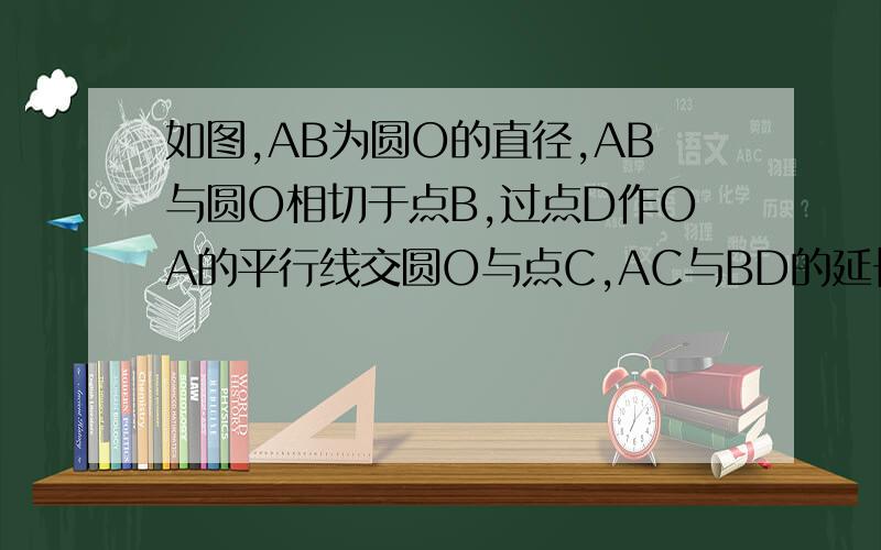 如图,AB为圆O的直径,AB与圆O相切于点B,过点D作OA的平行线交圆O与点C,AC与BD的延长线相交于点E.（1）试探（1）试探究AE与圆O的位置关系（2）已知EC=a，BD=b，AB=c，请你思考后，选用以上适当的数