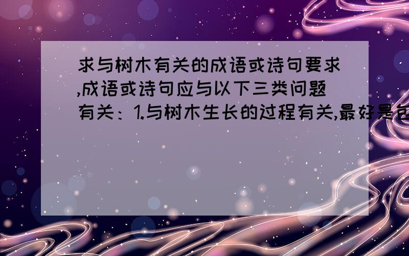 求与树木有关的成语或诗句要求,成语或诗句应与以下三类问题有关：1.与树木生长的过程有关,最好是包含生长中的力学现象（如树木内水分输送的毛细现象,蒸腾的拉力,树木对自身重力的支