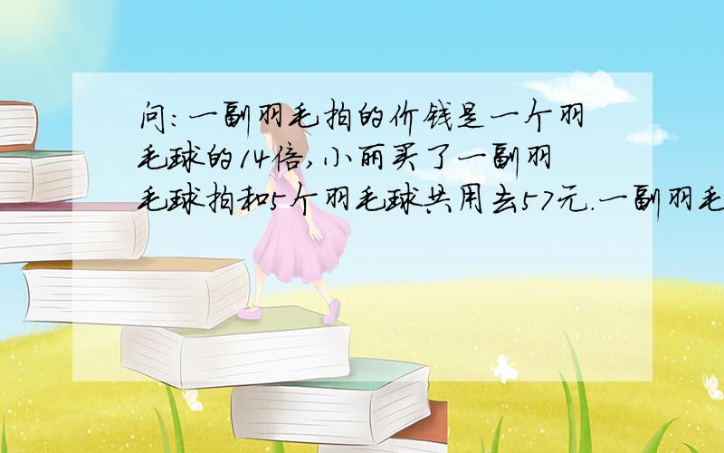 问：一副羽毛拍的价钱是一个羽毛球的14倍,小丽买了一副羽毛球拍和5个羽毛球共用去57元.一副羽毛球拍和一个羽毛球各是多少钱?