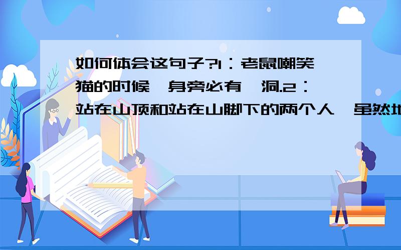 如何体会这句子?1：老鼠嘲笑猫的时候,身旁必有一洞.2：站在山顶和站在山脚下的两个人,虽然地位不同,但在对方眼里,同样的渺小.这两句话的言外意思是什么?