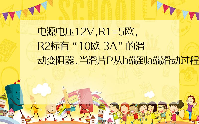 电源电压12V,R1=5欧,R2标有“10欧 3A”的滑动变阻器.当滑片P从b端到a端滑动过程中,A和V示数变化...（接“变化”）范围是多少?____________{ U }________I II IA II ____V____ __II I I II_____I___DDD__I____DDDDDDDa b{