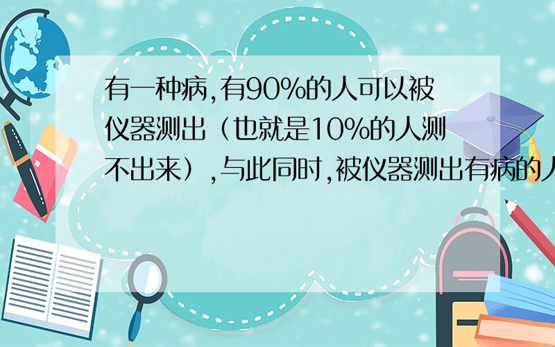 有一种病,有90%的人可以被仪器测出（也就是10%的人测不出来）,与此同时,被仪器测出有病的人有5%是健康的.有一个城市有0.2%的人有这种病,这个城市的其中一个人被仪器测出有病,问这个人真