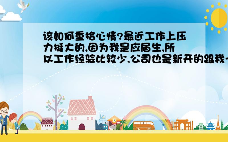 该如何重拾心情?最近工作上压力挺大的,因为我是应届生,所以工作经验比较少,公司也是新开的跟我一样在慢慢成长,但最近我发现自己工作的积极性比较低.可能公司暂时没有什么做,而我自己