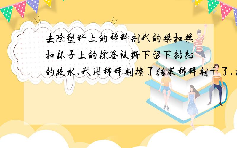 去除塑料上的稀释剂我的乐扣乐扣杯子上的标签被撕下留下黏黏的胶水,我用稀释剂擦了结果稀释剂干了,杯子上像磨砂玻璃一样,怎么办?好好的一个瓶子就浪费了.