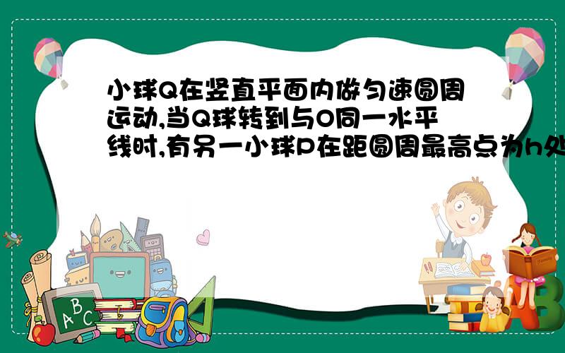 小球Q在竖直平面内做匀速圆周运动,当Q球转到与O同一水平线时,有另一小球P在距圆周最高点为h处开始下落,要使两球在圆周最高点相碰,则Q球的角速度应满足什么条件?