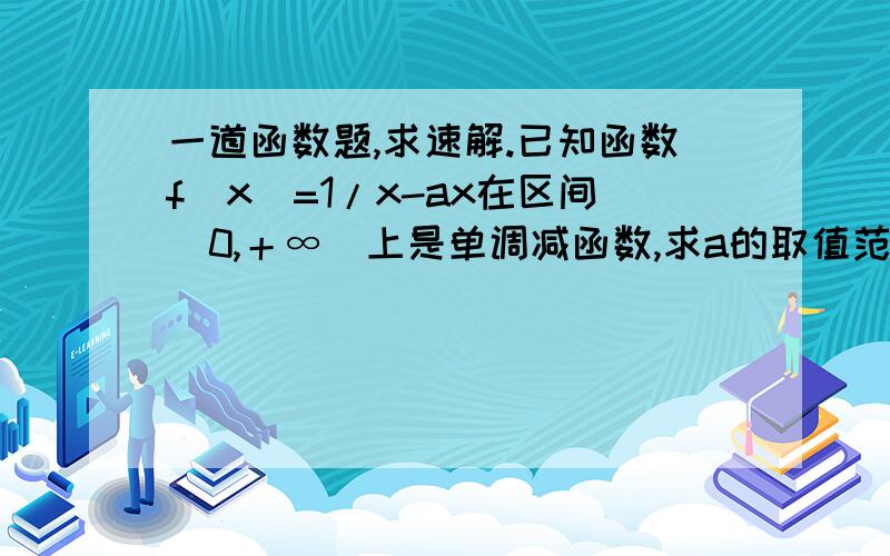 一道函数题,求速解.已知函数f（x）=1/x-ax在区间（0,＋∞）上是单调减函数,求a的取值范围.