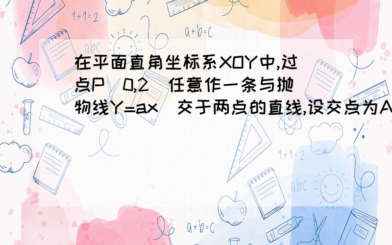 在平面直角坐标系XOY中,过点P(0,2)任意作一条与抛物线Y=ax^交于两点的直线,设交点为A,B则A,B两点纵坐标的乘积是