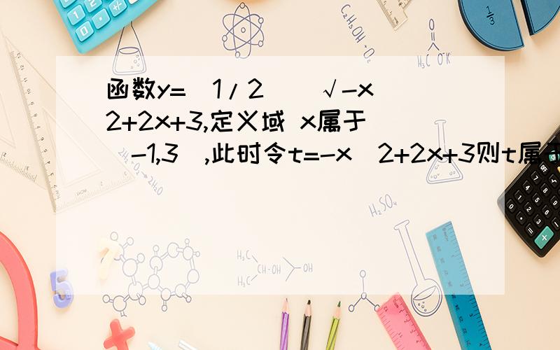 函数y=（1/2）^√-x^2+2x+3,定义域 x属于[-1,3],此时令t=-x^2+2x+3则t属于＿＿.u=√t,则u属于＿＿.则y=（1/2）^u属于＿＿.x属于[1,3]时,t=-x^2+2x+3单调递＿＿.y=（1/2）^u在R上单调递＿＿.∴f（x）单调递＿＿