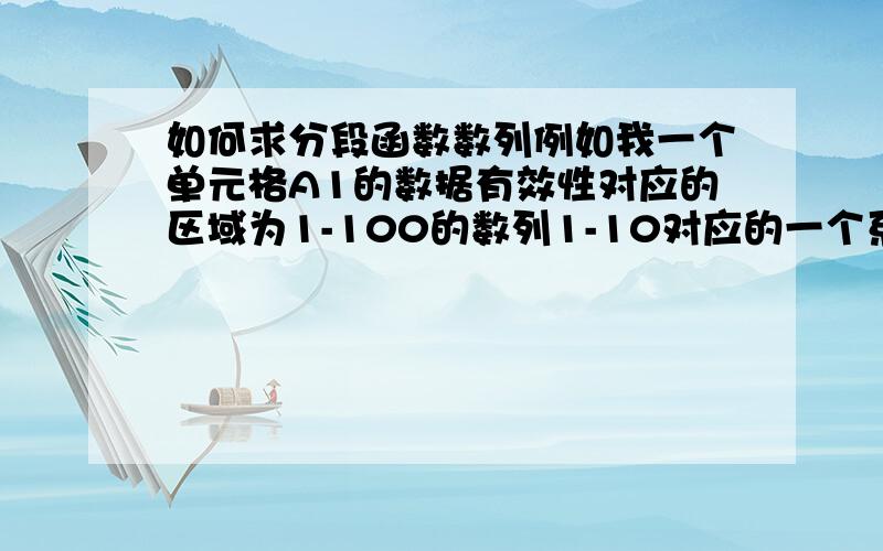 如何求分段函数数列例如我一个单元格A1的数据有效性对应的区域为1-100的数列1-10对应的一个系数为1011-20对应的一个系数为2021-30对应的一个系数为30A1单元格选择9,则有B1格显示如下结果：9*10