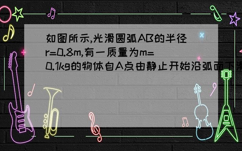 如图所示,光滑圆弧AB的半径r=0.8m,有一质量为m=0.1kg的物体自A点由静止开始沿弧面下滑,到B点后又沿水平面滑行,最后停在水平面上的c点,已知物体与水平面之间的动磨擦因数u=0.4,问：①物体到