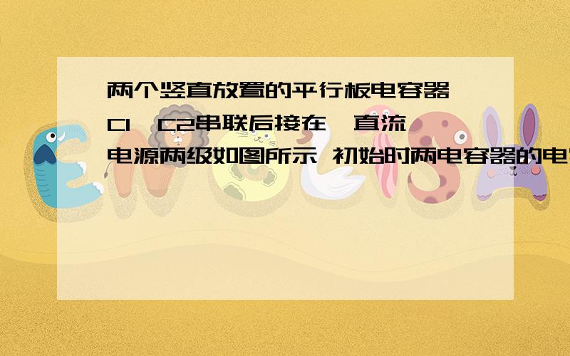 两个竖直放置的平行板电容器 C1  C2串联后接在一直流电源两级如图所示 初始时两电容器的电容值相等 电容器2内悬有一带电质点 平衡时 悬线与竖直方向所称的角θ=45度 现将电容器C1的两极