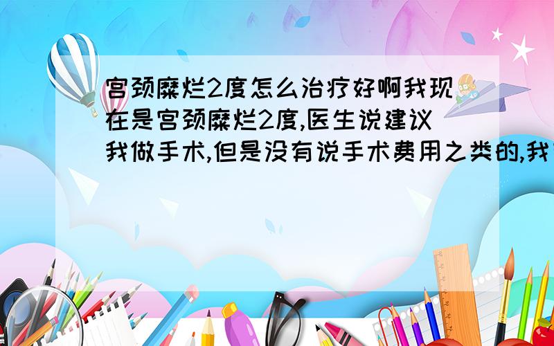 宫颈糜烂2度怎么治疗好啊我现在是宫颈糜烂2度,医生说建议我做手术,但是没有说手术费用之类的,我有点犹豫,想了解清楚!