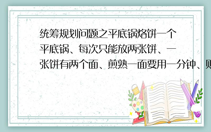 统筹规划问题之平底锅烙饼一个平底锅、每次只能放两张饼、一张饼有两个面、煎熟一面要用一分钟、则煎熟一张饼需要二分钟、煎熟两张饼至少要两分钟、箭熟三张饼要用三分钟、如果煎