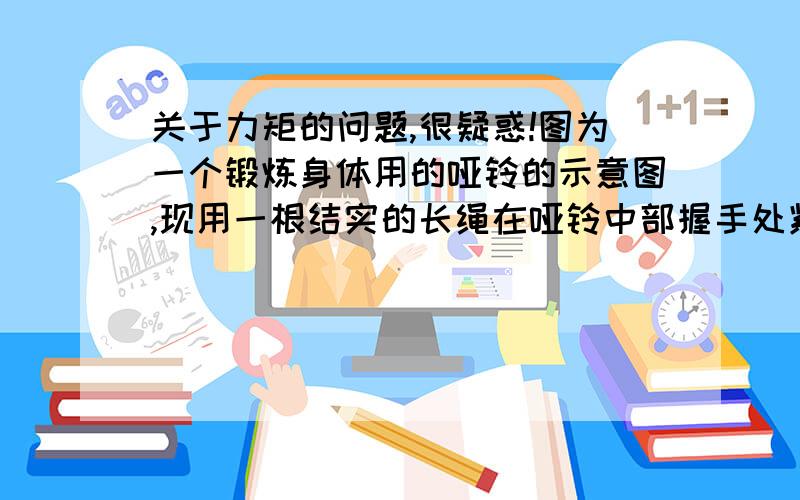 关于力矩的问题,很疑惑!图为一个锻炼身体用的哑铃的示意图,现用一根结实的长绳在哑铃中部握手处紧紧地缠绕上若干圈,随后将哑铃置于粗糙的水平水泥地面上,现按图a、b、c中所示的三个