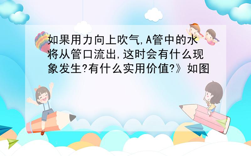 如果用力向上吹气,A管中的水将从管口流出,这时会有什么现象发生?有什么实用价值?》如图