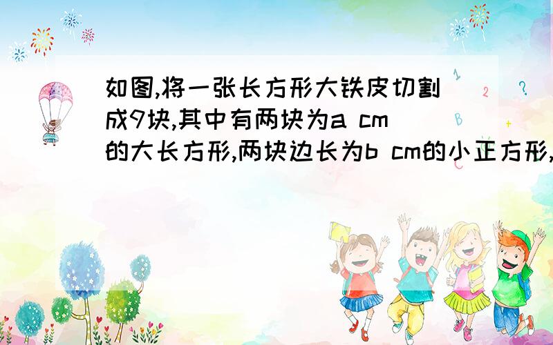 如图,将一张长方形大铁皮切割成9块,其中有两块为a cm的大长方形,两块边长为b cm的小正方形,且a>b.(1)求这张长方形大铁皮的面积（用含a,b的代数式表示）（2）若中间的小正方形夫人周长为22cm