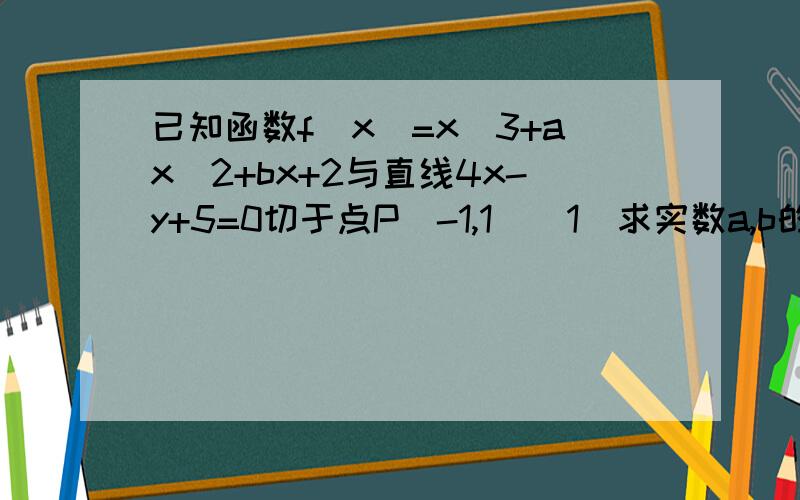 已知函数f(x)=x^3+ax^2+bx+2与直线4x-y+5=0切于点P(-1,1)(1)求实数a,b的值(2)若x∈[1,2]时,不等式f(x)≥mx^2-x-2恒成立,求实数m的取值范围过程 谢谢 !