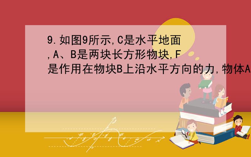 9.如图9所示,C是水平地面,A、B是两块长方形物块,F是作用在物块B上沿水平方向的力,物体A和B以相同的速度作匀速直线运动.由此可知,A、B间的动摩擦因数μ1和B、C间的动摩擦因数μ2有可能是:(A)