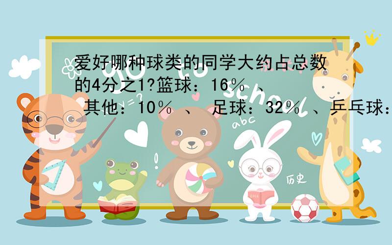 爱好哪种球类的同学大约占总数的4分之1?篮球：16％ 、 其他：10％ 、 足球：32％ 、乒乓球：24％羽毛球：18％.如果爱好足球的有48人.六年级爱好篮球的共有多少人?