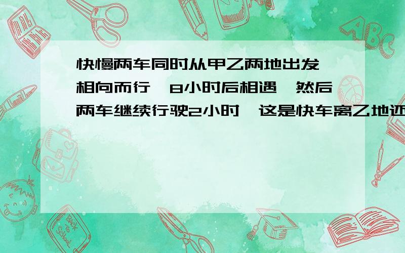 快慢两车同时从甲乙两地出发,相向而行,8小时后相遇,然后两车继续行驶2小时,这是快车离乙地还有250千米慢车距甲地还有350千米求甲乙两地距离.要求不用方程