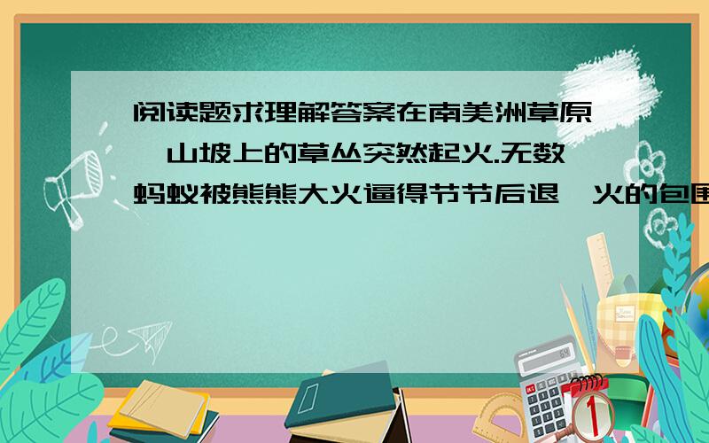 阅读题求理解答案在南美洲草原,山坡上的草丛突然起火.无数蚂蚁被熊熊大火逼得节节后退,火的包围圈越来越小,蚂蚁似乎无路可走了.然而就在这时,出人意料的事发生了：蚂蚁迅速聚拢过来,