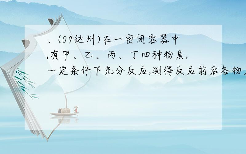 、(09达州)在一密闭容器中,有甲、乙、丙、丁四种物质,一定条件下充分反应,测得反应前后各物质的质量如下表：物质 甲 乙 丙 丁 反应前的质量(g) 20 50 80 30 反应后的质量(g) 0 100 10 x 请根据质