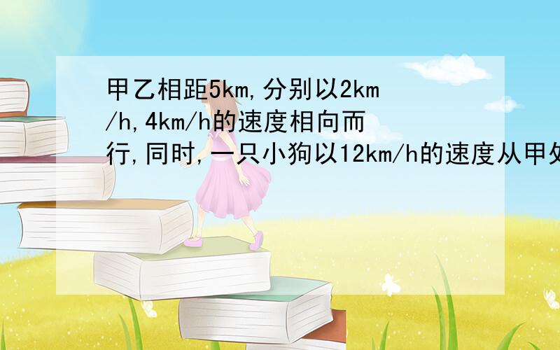 甲乙相距5km,分别以2km/h,4km/h的速度相向而行,同时,一只小狗以12km/h的速度从甲处奔向乙,遇到乙后立即掉