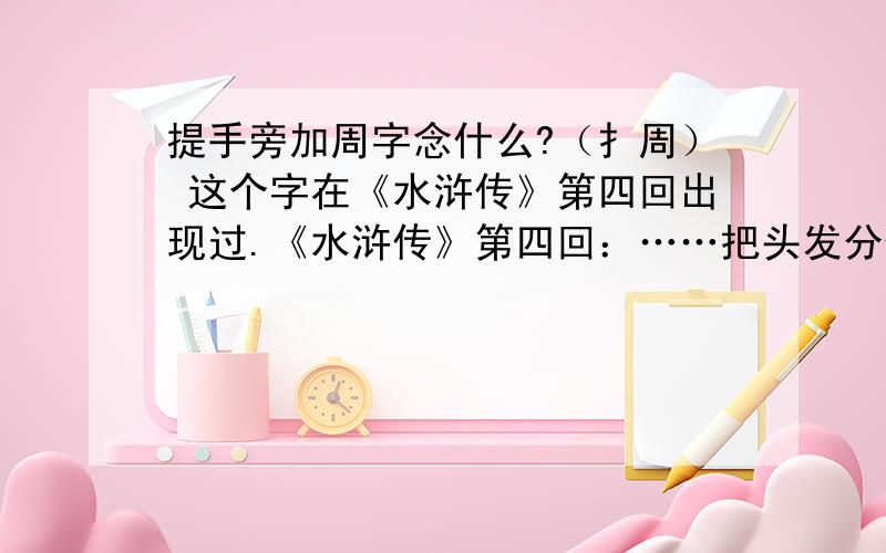 提手旁加周字念什么?（扌周） 这个字在《水浒传》第四回出现过.《水浒传》第四回：……把头发分做九路绾了,（扌周）揲起来.……