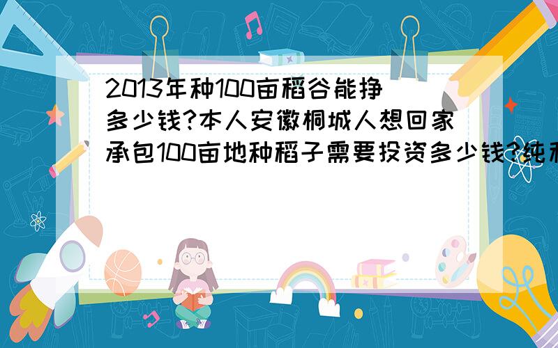 2013年种100亩稻谷能挣多少钱?本人安徽桐城人想回家承包100亩地种稻子需要投资多少钱?纯利润能挣多少钱?