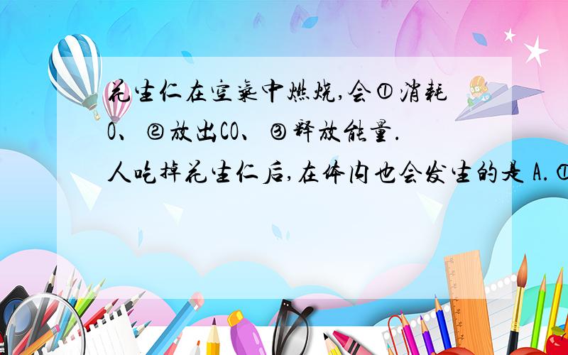 花生仁在空气中燃烧,会①消耗O、②放出CO、③释放能量.人吃掉花生仁后,在体内也会发生的是 A.①② B.①③C.②③ D①②③、②放出CO← 放出CO2