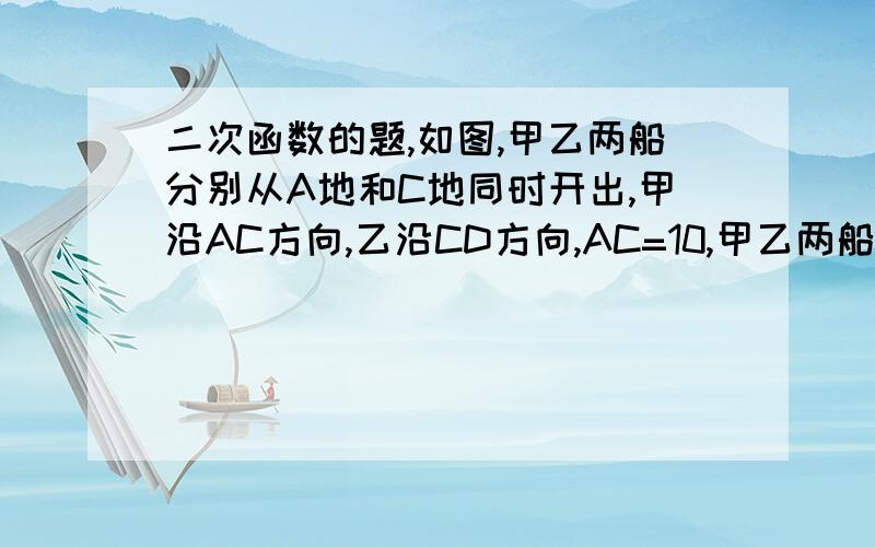 二次函数的题,如图,甲乙两船分别从A地和C地同时开出,甲沿AC方向,乙沿CD方向,AC=10,甲乙两船的速度分别为每小时16和12,问几分钟后两船相距最近,最近距离是多少?我们这章学的是二次函数.